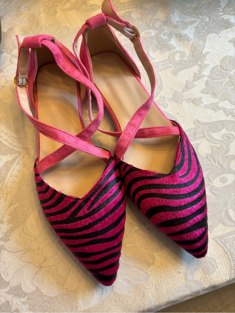 Pointed Zebra-Striped Flats with Wrap-Ankle Straps - Hot Pink & Black